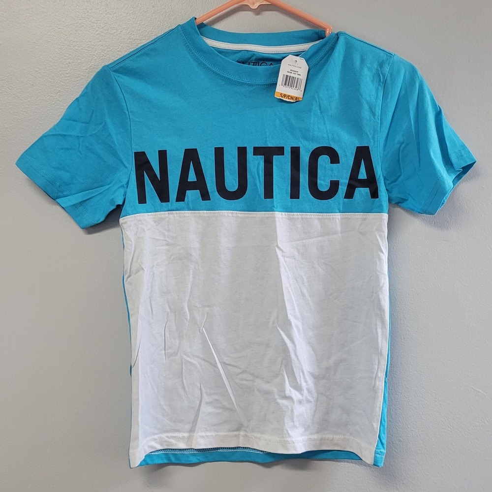 Nautica Boys Blue White Colorblock Logo Graphic T Shirt NSS0A54F Size 8